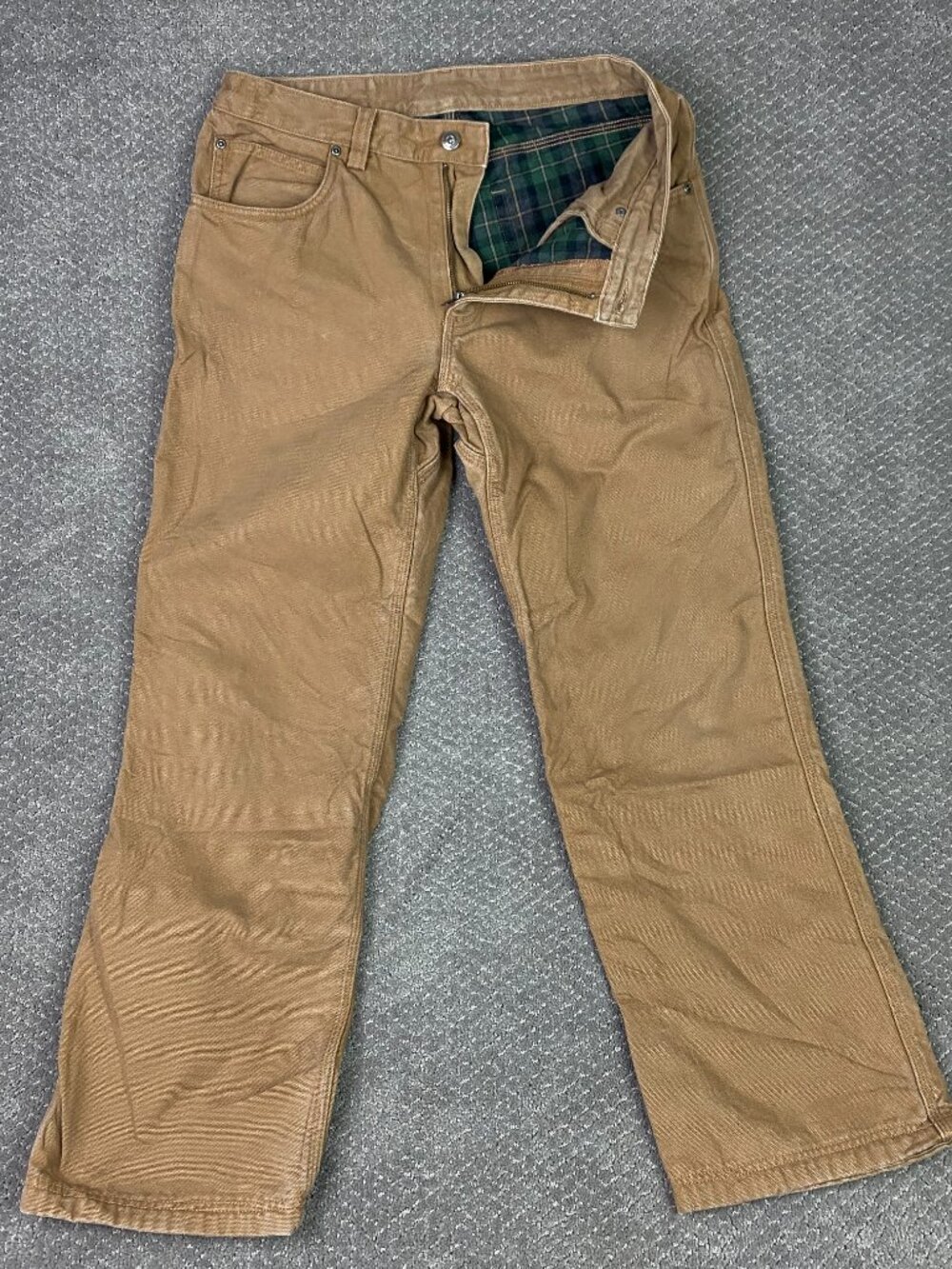 Duluth Trading Fire Hose Flannel Lined Canvas Pants Mens 34x32 fit 33x31 Tan
